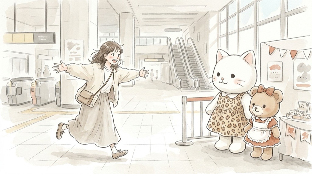 メゾピアノ キティ ポップアップ 2026の池袋・福岡会場を紹介する水彩イラスト
