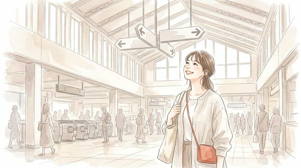 JR池袋駅南改札前のメゾピアノ キティ POP UP会場へのアクセスを示す水彩イラスト
