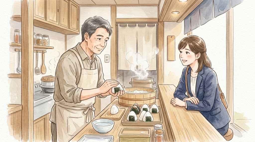 南田南と父・南田誠の関係を表すイメージ。おむすびを前にした父娘の穏やかなひととき