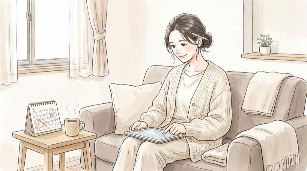 MISIAライブ2027のチケット申し込みスケジュールをカレンダーで確認する女性のイラスト
