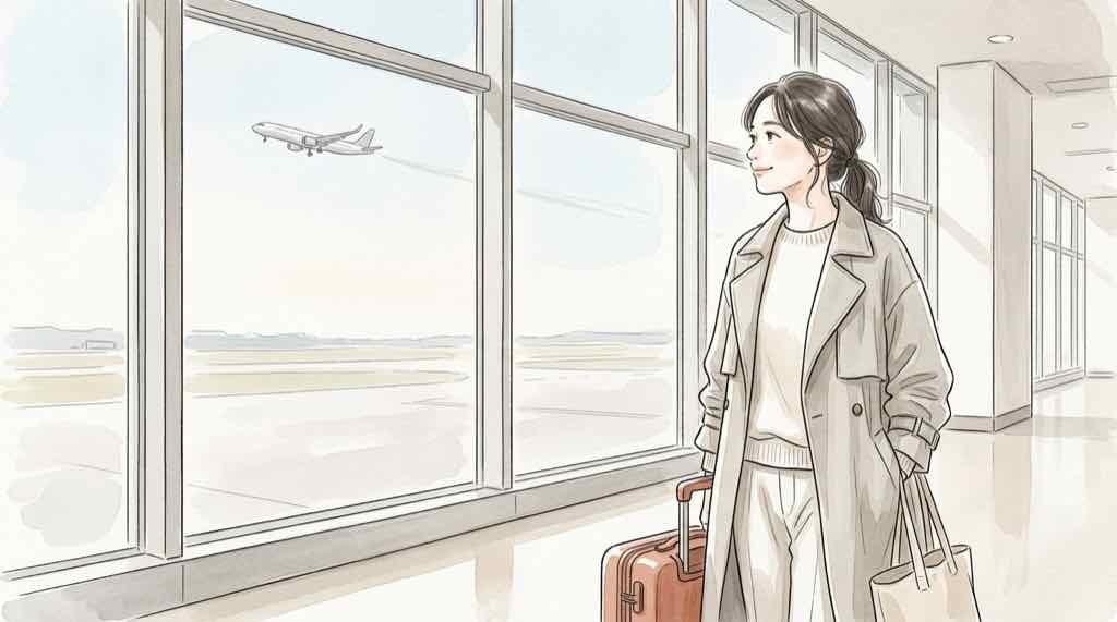MISIAライブ2027へ遠征する女性が空港の窓辺で出発を待つイラスト