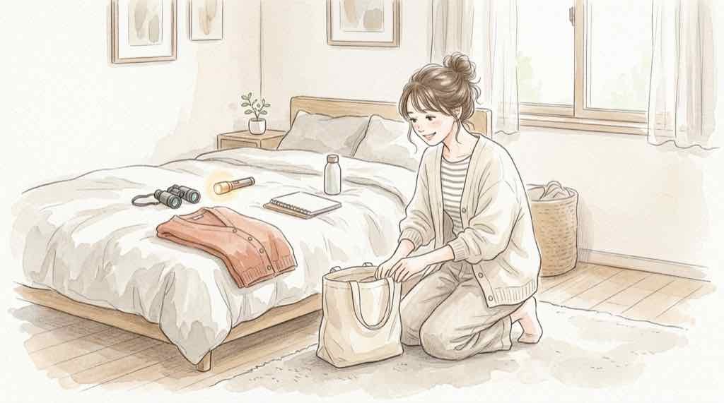 MISIAライブが初めての女性が双眼鏡とペンライトを準備するイラスト