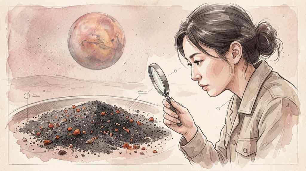 フォボスの砂に混ざる火星由来物質を示す水彩イラスト