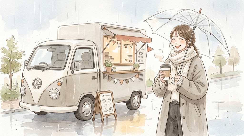 キッチンカーの売上と経費を比べるイメージの水彩イラスト