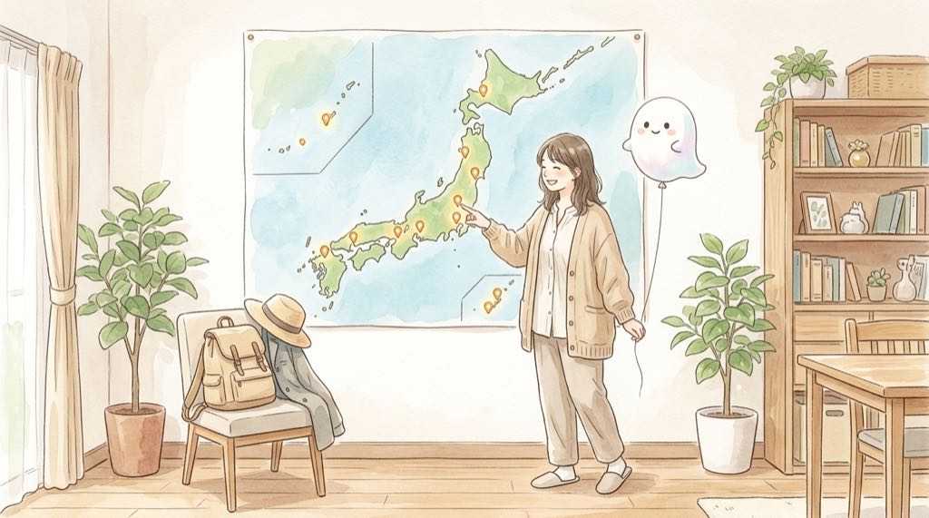 ミセスSHADOWSの全国ツアー日程と会場を地図で巡る女性の水彩イラスト