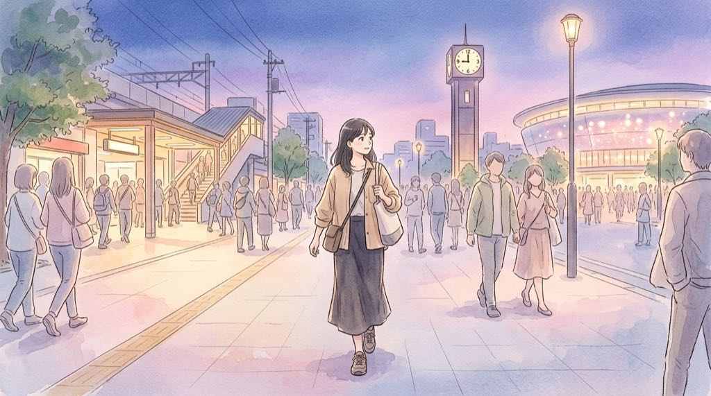 ミセスSHADOWSの終了時間と規制退場後に駅へ向かう女性の水彩イラスト