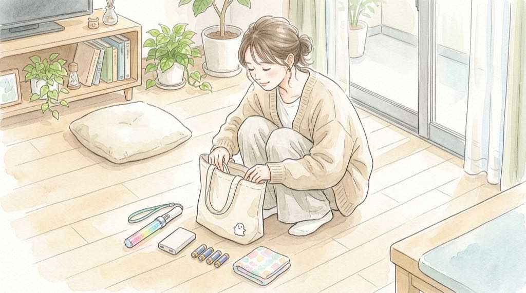 ミセスSHADOWSの持ち物とペンライトの新品電池を机に並べた水彩イラスト