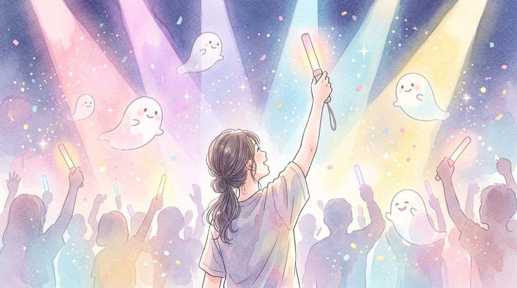 ミセスSHADOWSのセトリを想像しながらペンライトを掲げる女性の水彩イラスト
