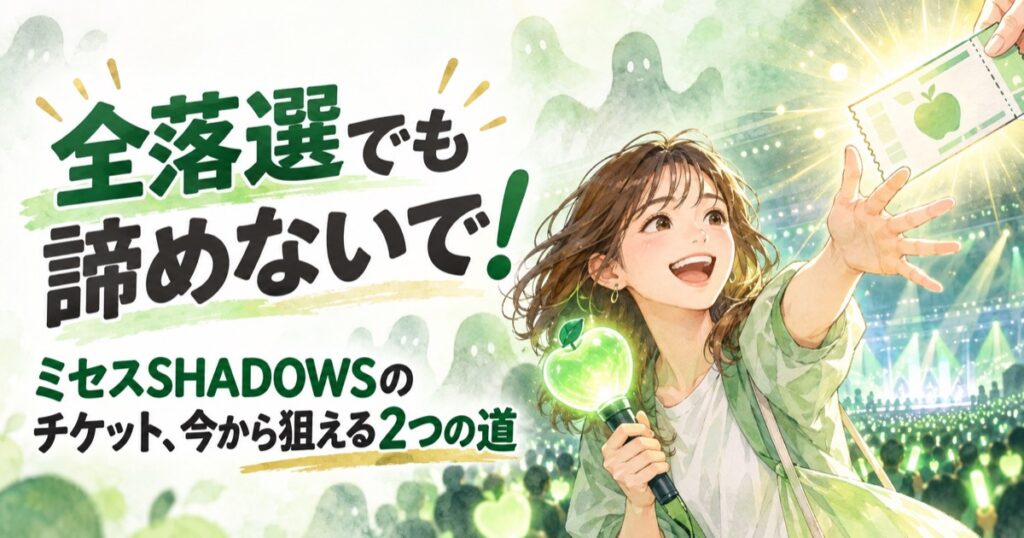 ミセスSHADOWSのチケットを今から探す女性とライブ準備の水彩イラスト