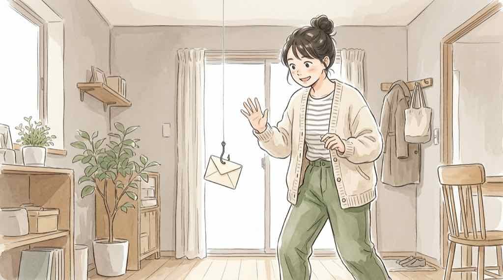 無印良品を名乗る不審なメールのリンクを開かずに確認する女性のイラスト