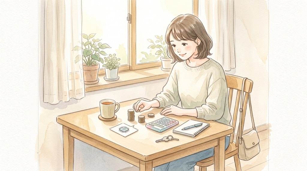 eSIM再発行の手数料の差を電卓と硬貨で確かめる女性