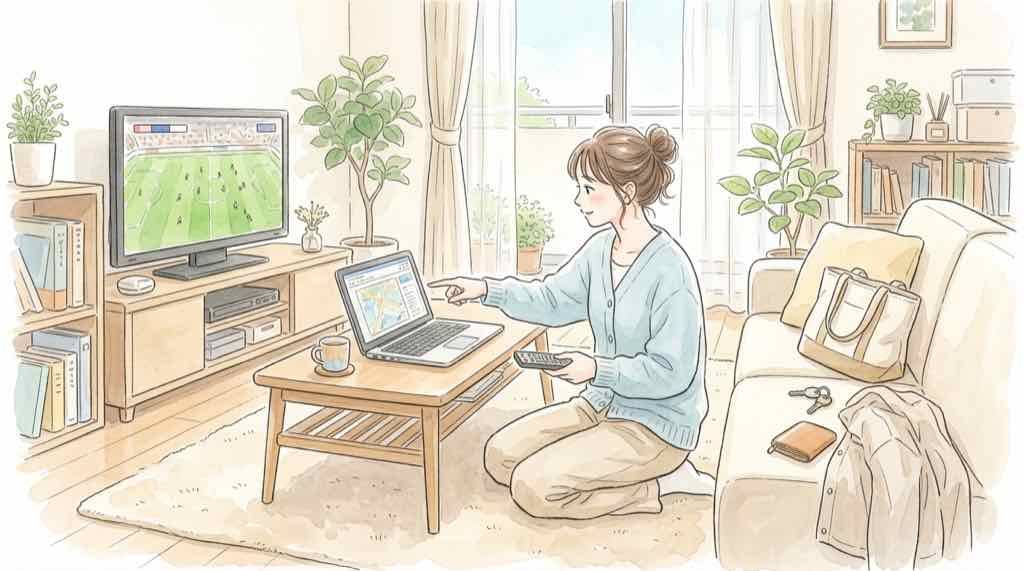 なでしこジャパンのテレビ放送とABEMA無料配信の見方をテレビの前で確認する女性