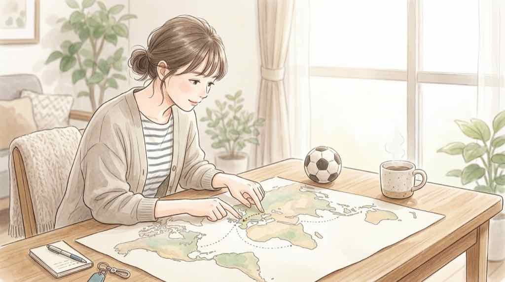 ハイチ女子代表とドイツ女子代表のFIFAランキングと特徴を地図で調べる女性