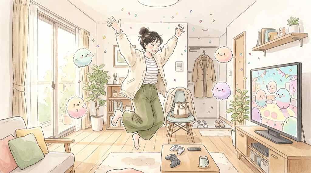 なにわ男子 サンリオ パーティランドのCMを楽しみに待つ女性のイラスト