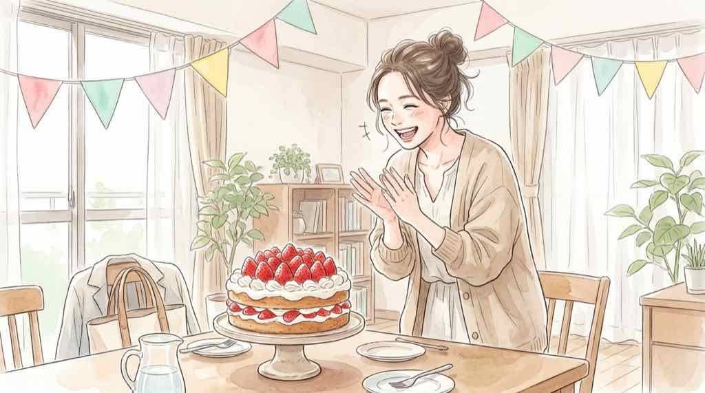 なにわ男子の発表会エピソードを読んで笑顔になる女性のイラスト