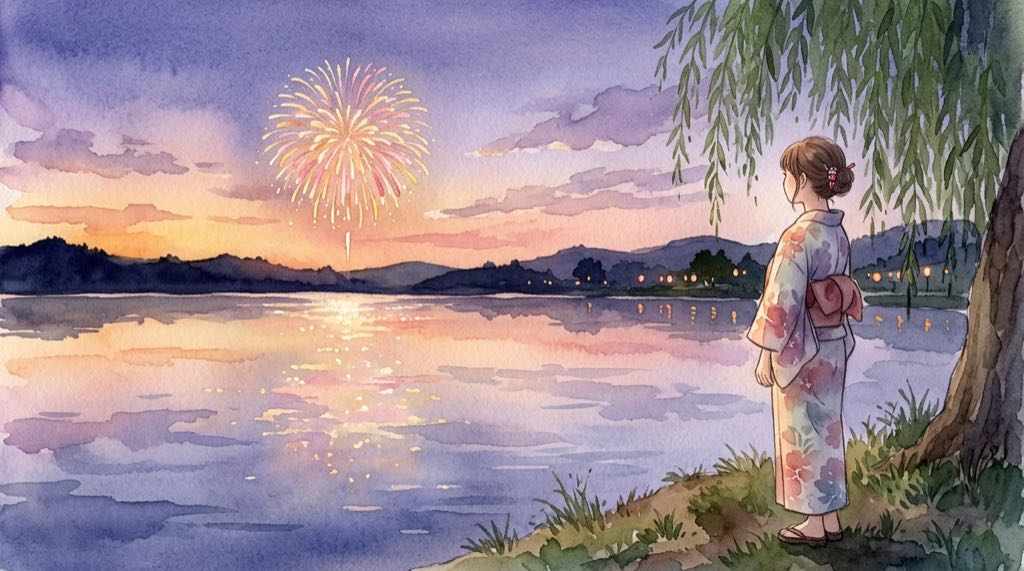 成田花火大会2026の開催日と会場をやさしく描いた秋の夕景イラスト