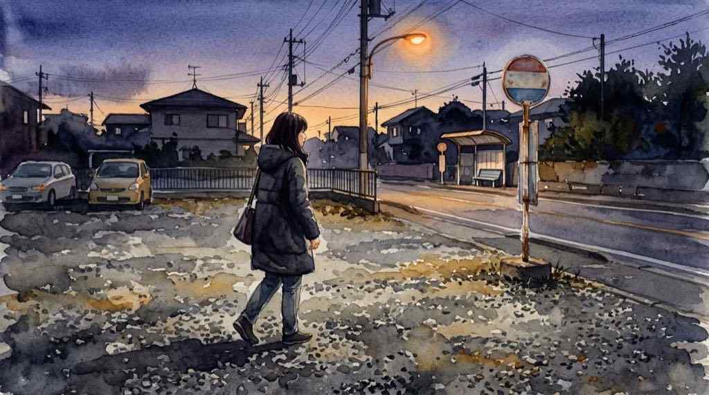 成田花火大会の駐車場から会場へ移動する流れを描いた優しい水彩イラスト