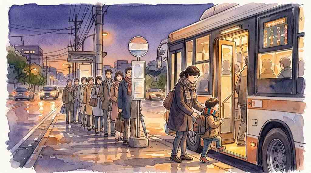 成田花火大会のシャトルバスと臨時バスで会場へ向かう様子を描いた水彩イラスト