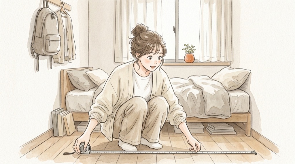 狭い家 不眠症の研究を解説する、寝室で朝を迎える女性のイラスト