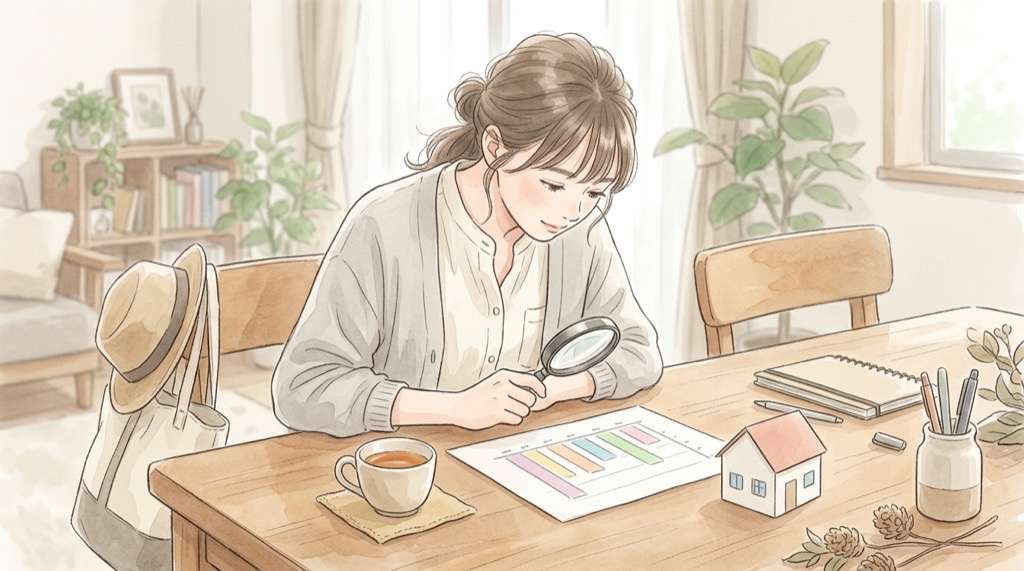 狭い家 不眠症の研究を机の上の資料で読み解く女性のイラスト