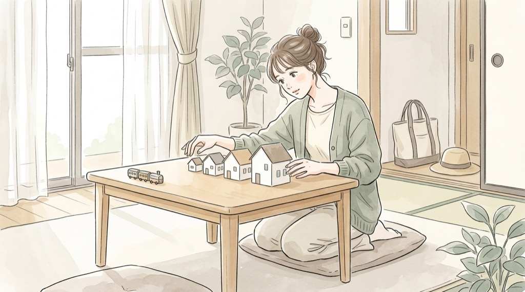 住宅面積95㎡と通勤時間52分の意味を考える女性のイラスト