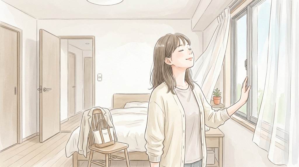 寝室 CO2 換気や音と光を気にする狭い寝室のイラスト