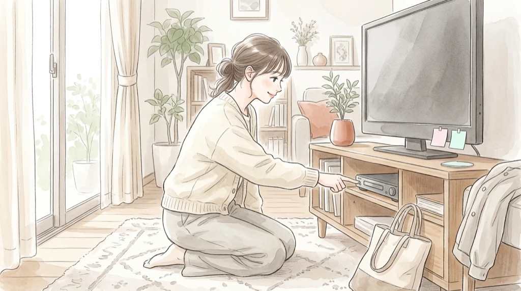 NHK杯フィギュア2026の放送時間をテレビで確認する女性のイラスト