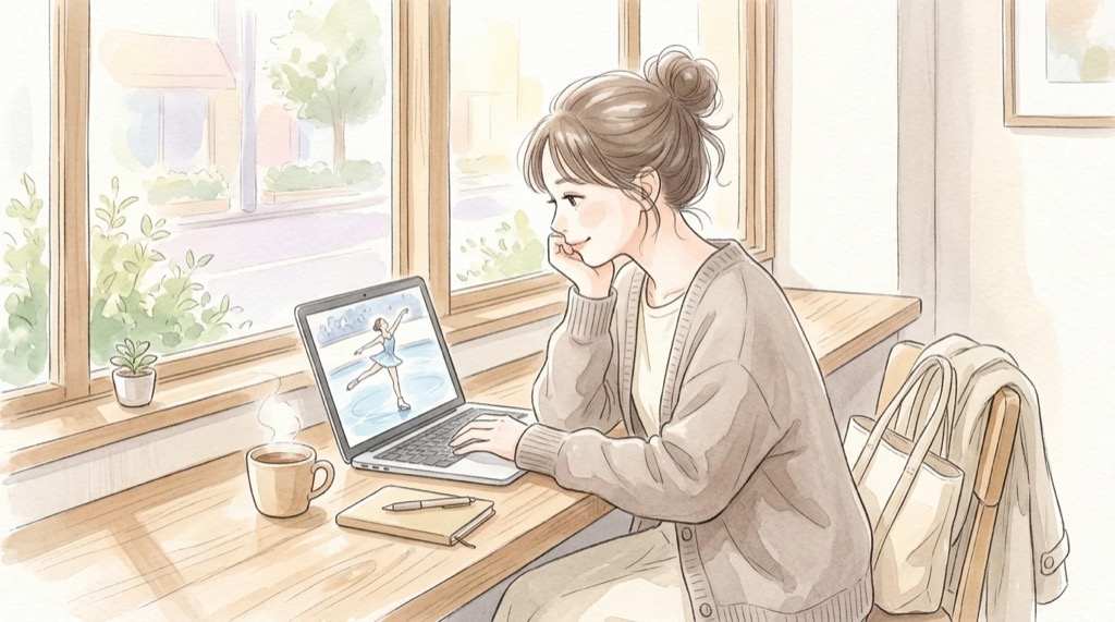 NHK杯フィギュアをスマホとNHK ONEで見る女性のイラスト
