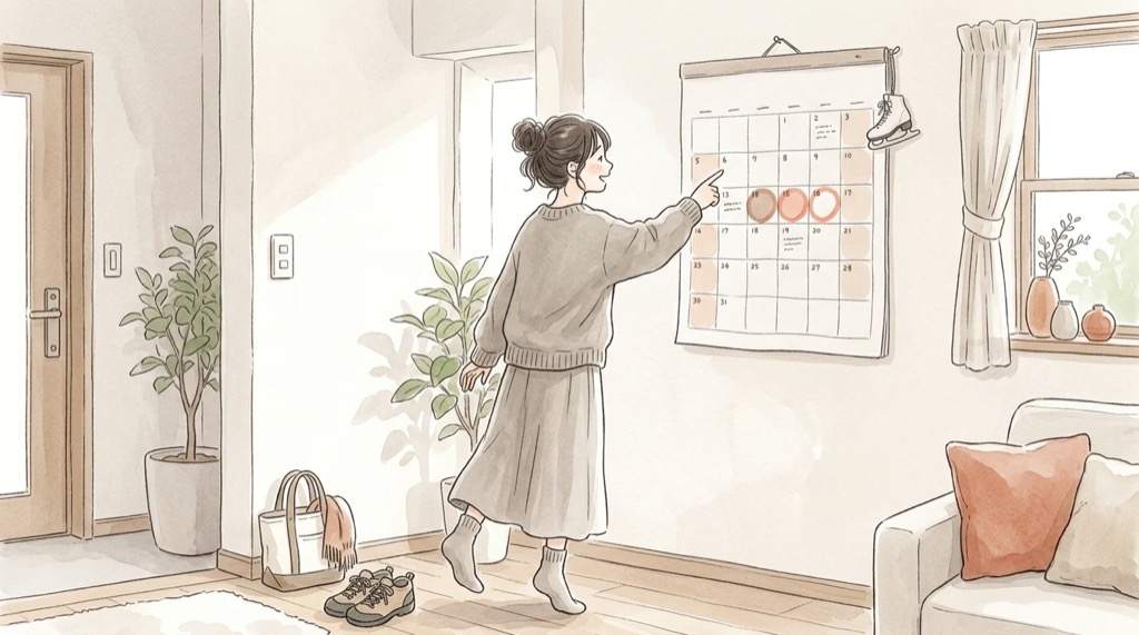 NHK杯フィギュア2026の日程表を指さして確認するイラスト