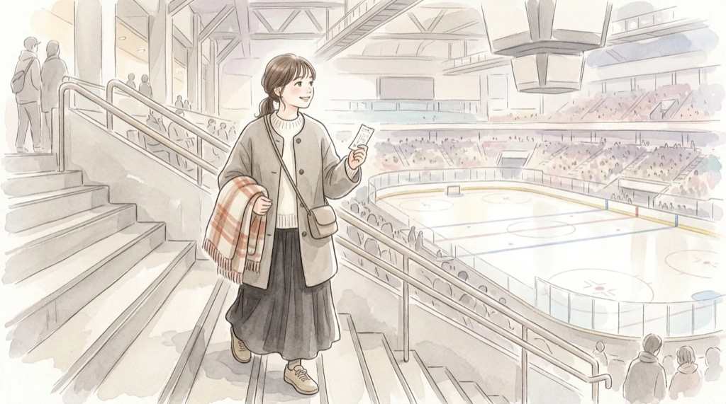 NHK杯フィギュア2026のチケットと座席を選ぶ女性のイラスト