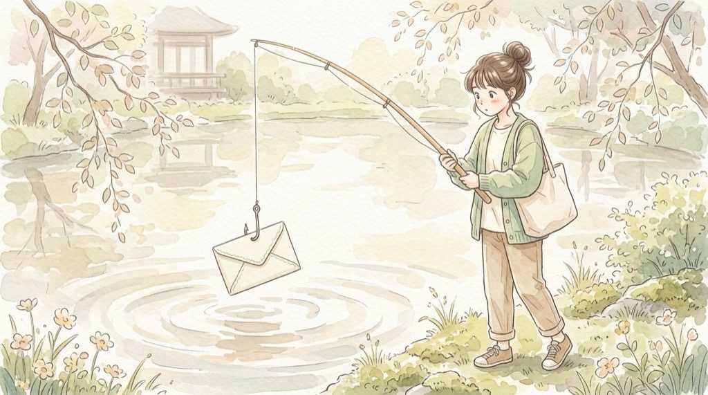 日経を装うフィッシングメールに注意する女性のイラスト