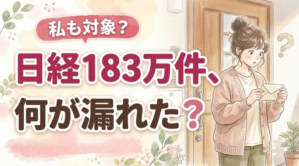 日経新聞の情報漏洩、私は対象？何が漏れたかを確認する女性のイラスト