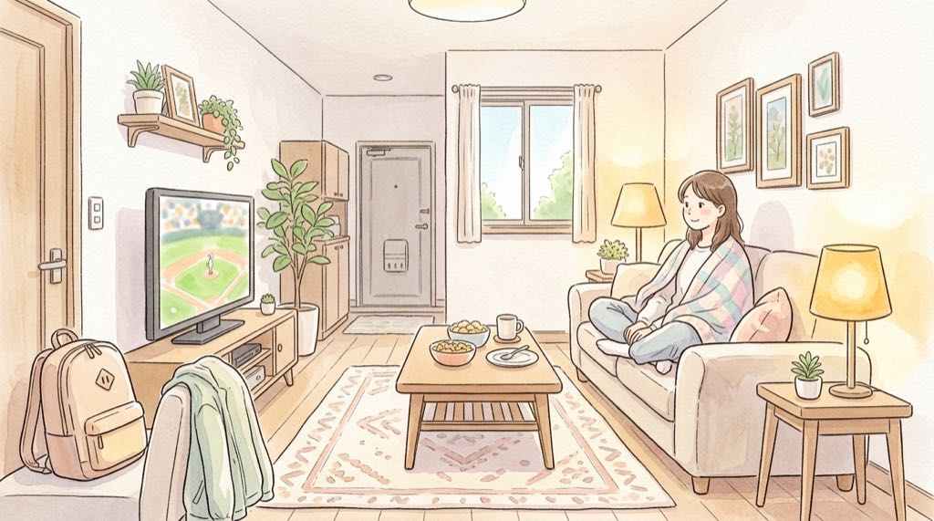 日本シリーズ2026 テレビ放送|リビングでテレビ観戦する準備のイラスト