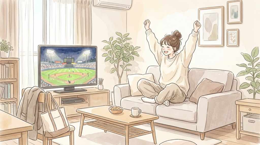 日本シリーズ2026の放送とTVer配信を、テレビとスマホで確認する様子