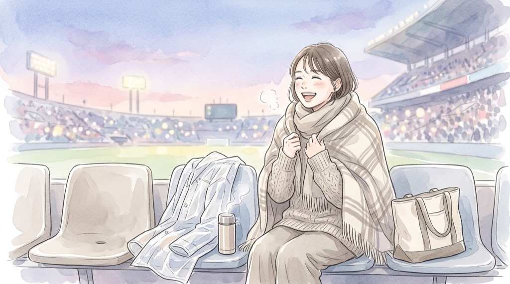日本シリーズ2026の観戦に向けて防寒グッズとレインコートを準備する女性