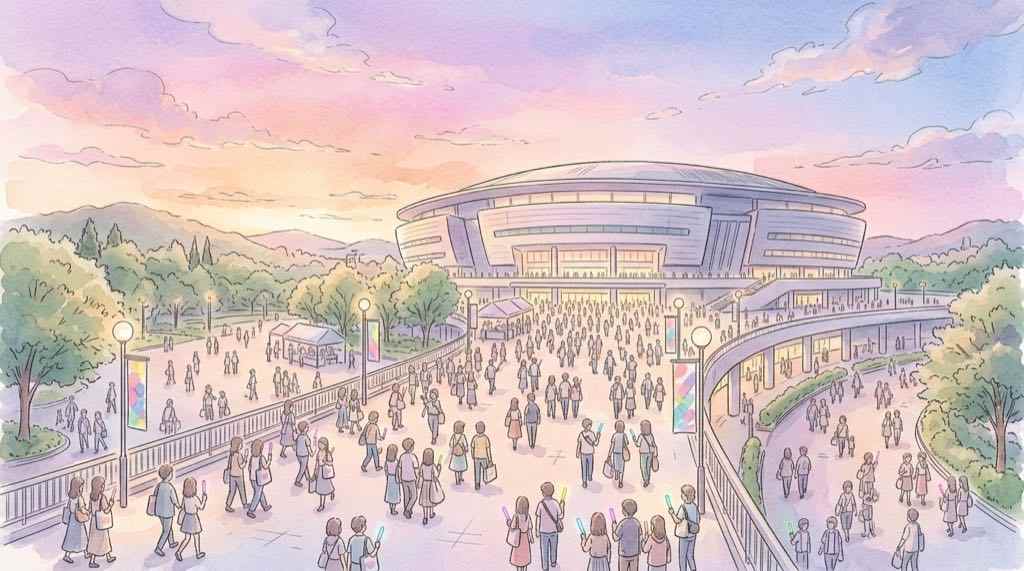 NiziUライブ2026-2027の日程と会場へ向かうファンのイメージ
