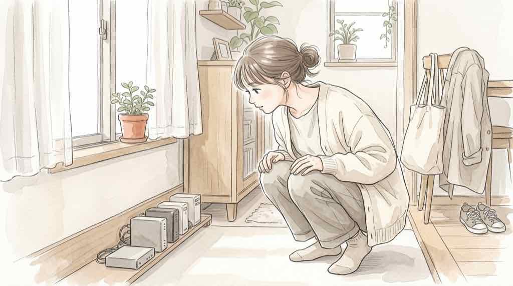 お名前.com 不正アクセスで全プラン停止となったデスクトップクラウドの状況を示す水彩イラスト