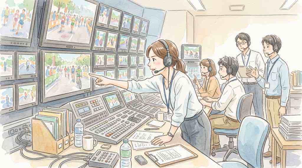 『俺たちの箱根駅伝』第1話のあらすじに登場する大日テレビの中継スタッフのイメージ