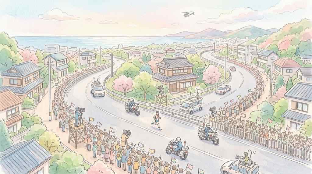 『俺たちの箱根駅伝』第1話の背景となる箱根駅伝の大規模なテレビ中継体制のイメージ