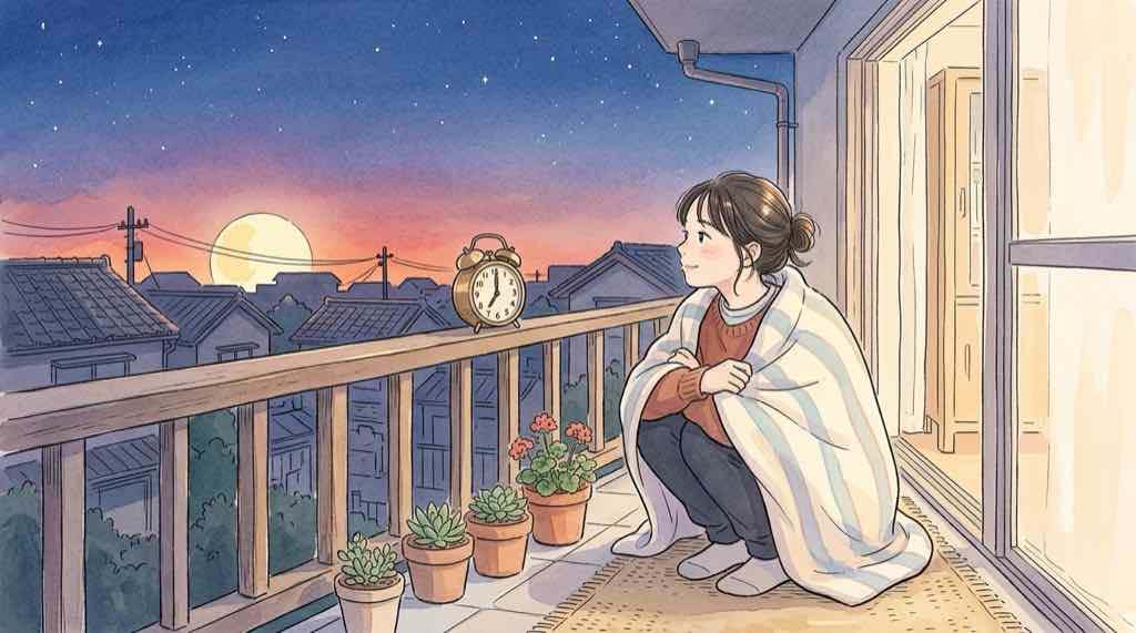 オリオン座流星群2026は何時が見頃かを示す月が沈む夜空の水彩イラスト