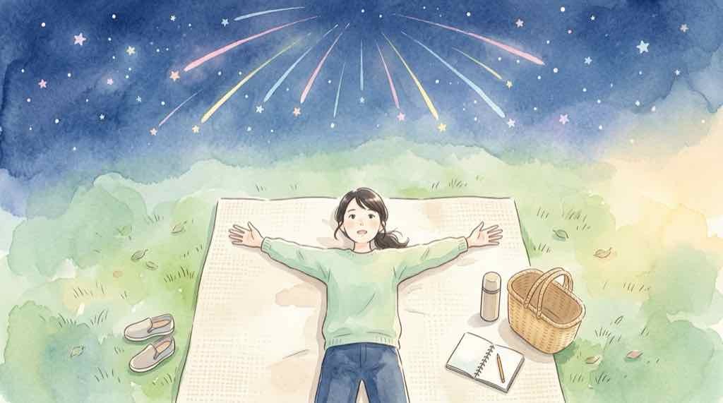 オリオン座流星群の方角は空全体を広く見渡すのがコツという水彩イラスト