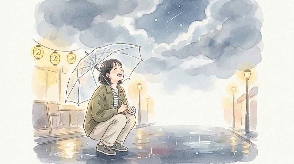 オリオン座流星群が曇りや雨でも前後の夜に見える可能性を表す水彩イラスト
