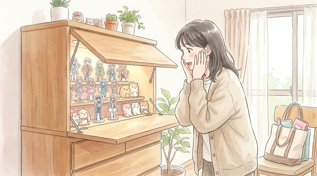 オシテル 口コミが気になる人向けに推しグッズを飾る収納家具の様子