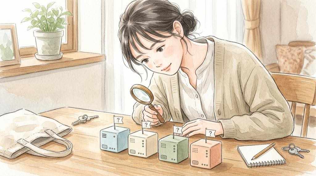 レンタルサーバー4社のPHP対応状況を比べるノートPCと表の水彩イラスト