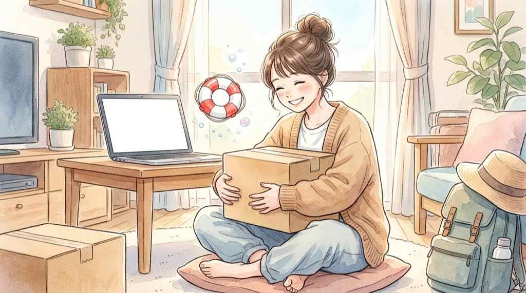 PHP更新後にブログが真っ白になった画面を不安そうに見つめる女性の水彩イラスト