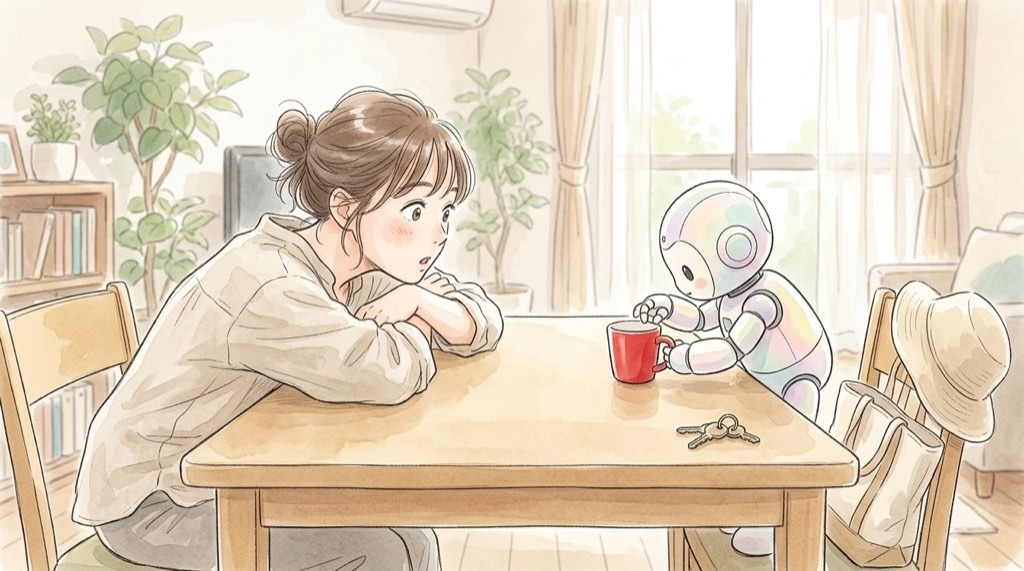 フィジカルAIとは何かを表す、生成AIから現実世界へ飛び出すロボットの水彩イラスト