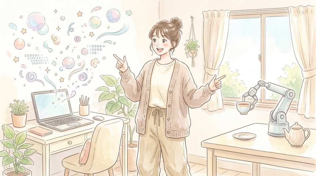 フィジカルAIとは何かを表す、現実の物を見て動くロボットの水彩イラスト