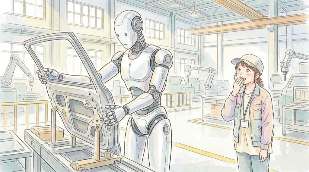 ヒューマノイドロボットが工場で働く様子を描いた水彩イラスト