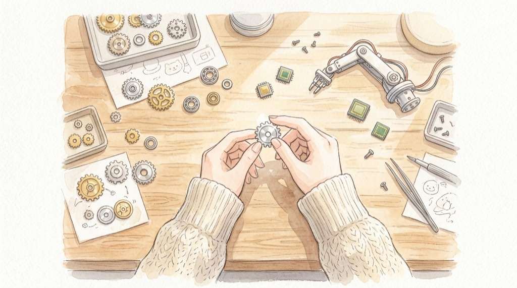 ロボットの関節を支える日本の精密部品をイメージした水彩イラスト