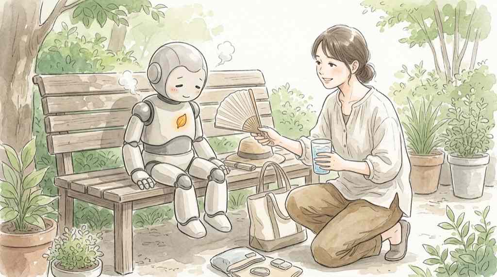 フィジカルAIの弱点を表す、熱とバッテリーに悩むロボットの水彩イラスト
